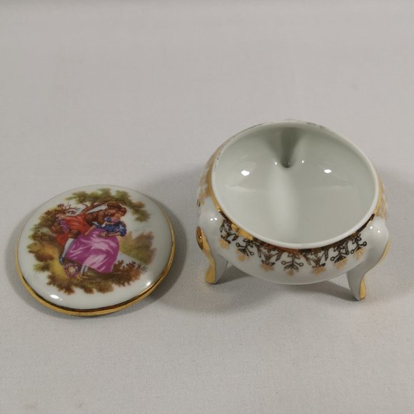 Vintage Limoges Courting Scene Lidded and Three-footed Trinket Dish w Gold Trim - Picture 3 of 5